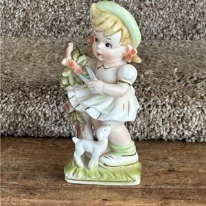 Vintage Ceramic Girl Figurine with Deer - Pastel Green Accents